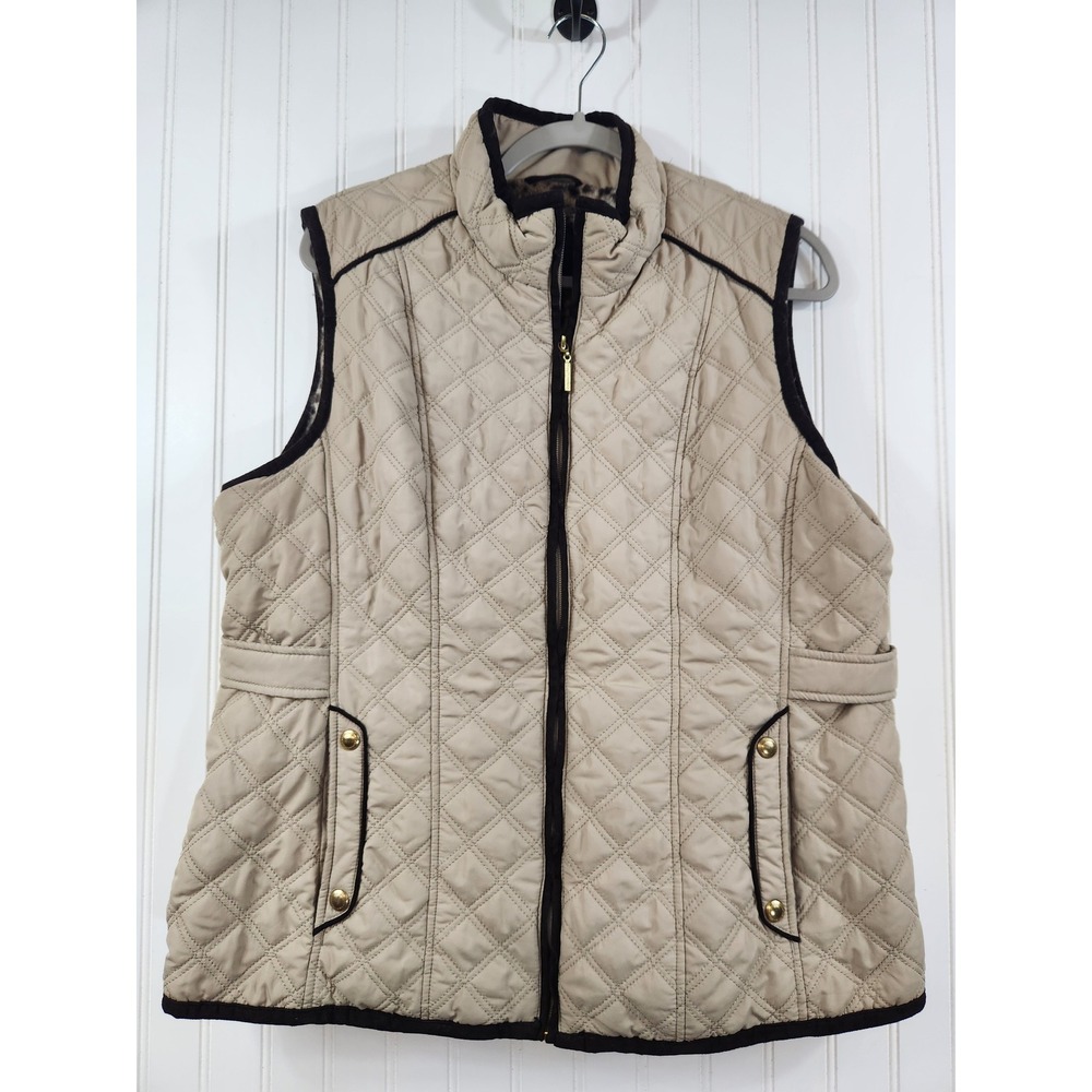 Weatherproof Womens Tan Quilted Vest XL Leopard Faux Fur Lining Faux Suede Trim